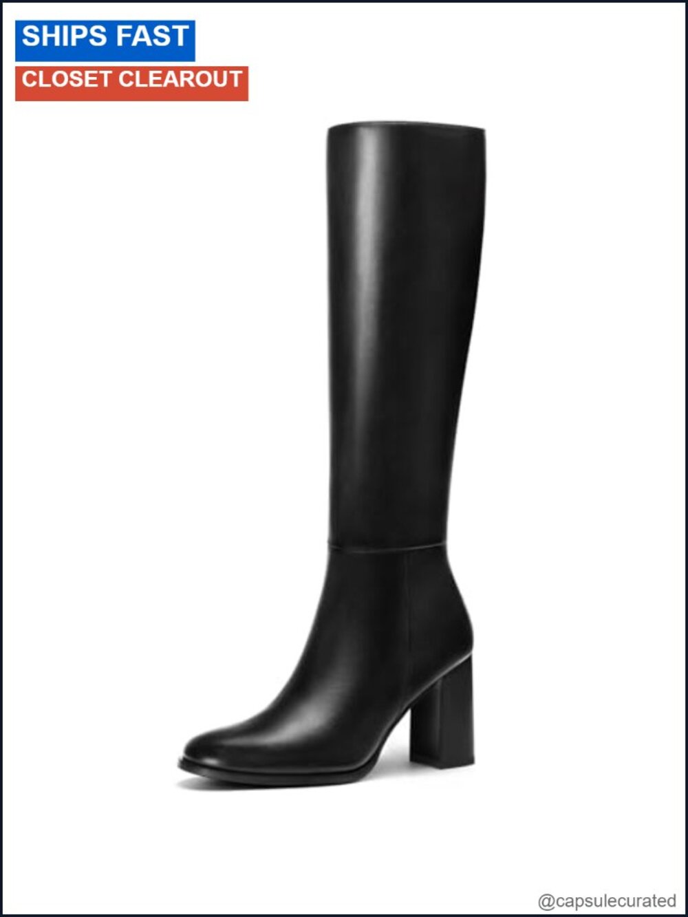 Faux Leather Knee High Boots Women Round Toe Chunky Heel Side Zip Fall Winter